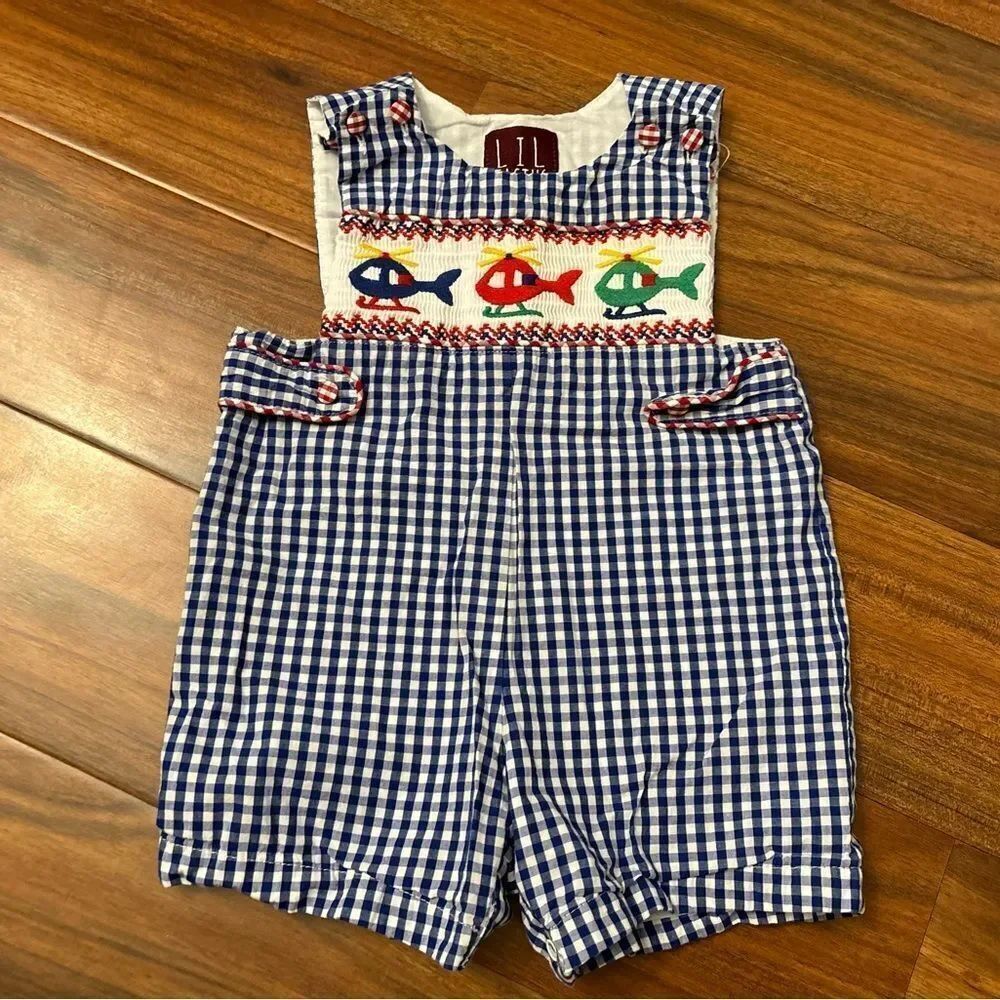 Lil Cactus blue/white plaid embroidered helicopter romper